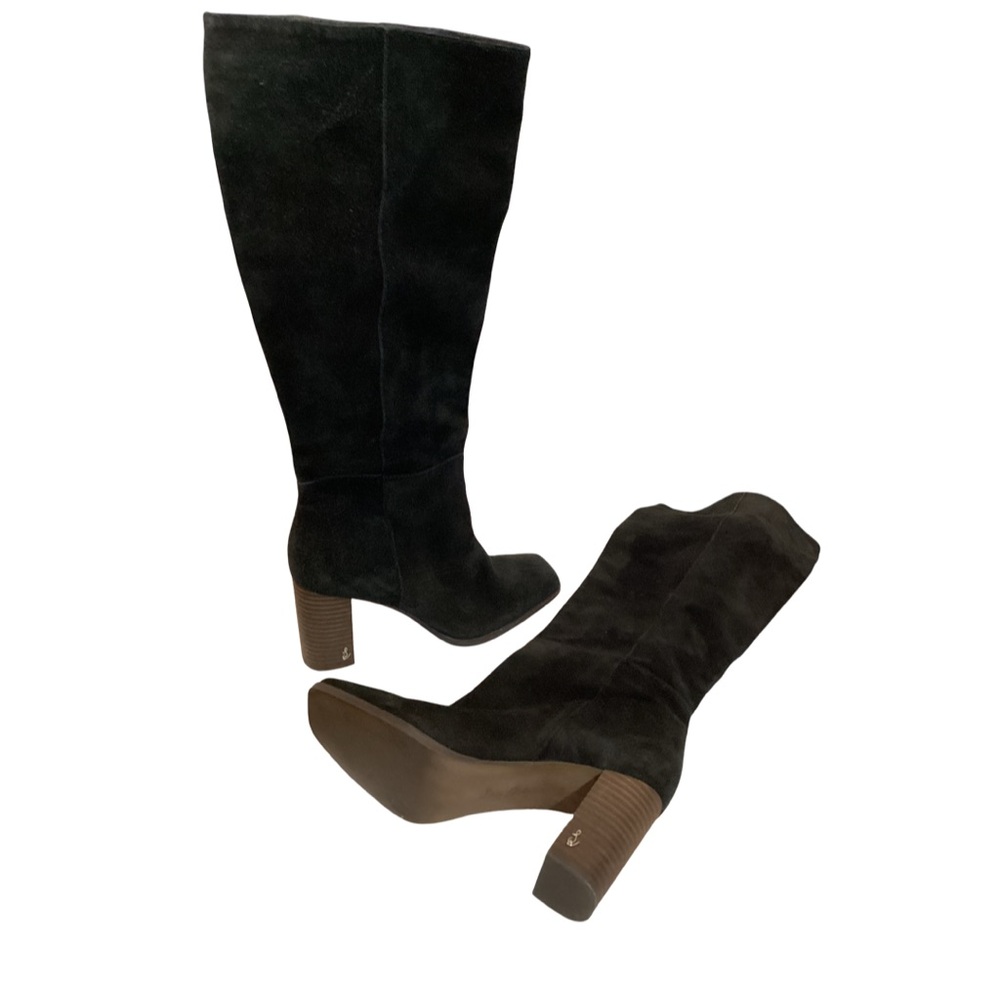 Sam Edelman Black Over the Knee Squared Toe Tall Heeled Boots monogrammed